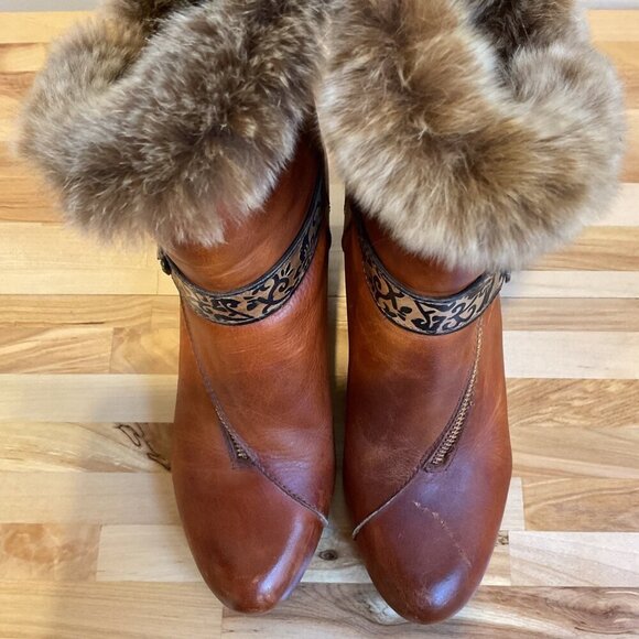 Gorgeous Finesse Fur-collar Leather Ankle Boots Size 37 cognac maroon brown heel - Picture 5 of 15